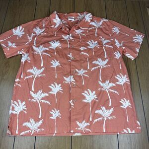 Barefoot in Paradise Men Shirt XL Salmon‎ color Palms Aloha Camp Tropic